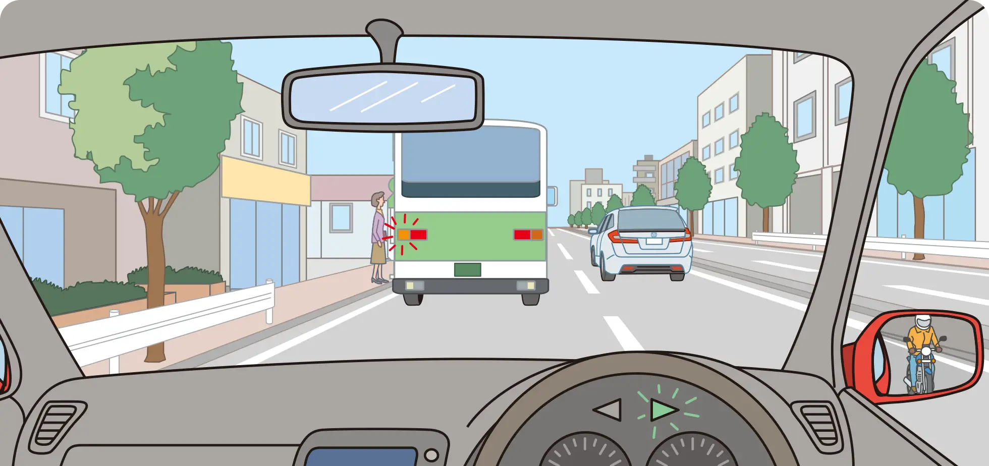 �Б� 2 �Ԑ��̓��H�𑖍s���A�O���𑖍s���Ă���o�X����Ԃ����̂ŁA�E���̎Ԑ��ɐi�H�ύX���悤�Ƃ��Ă��鎞�̃N���}���_�́y�C���X�g���z�C���X�g