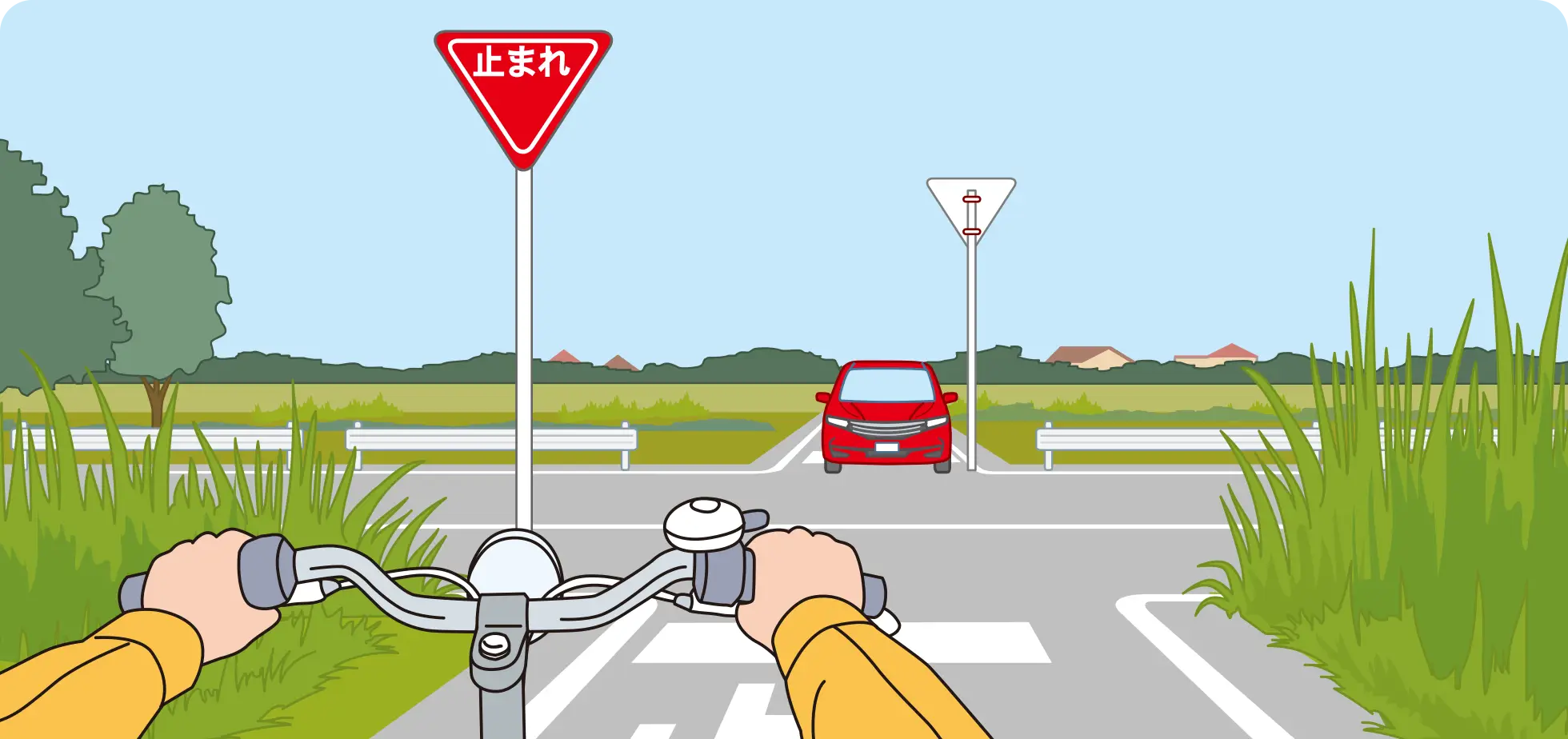 前方の対向車両が一時停止中と思われるなか、狭い通りから広い通りを横断しようとしている時の自転車視点の【イラスト問題】イラスト