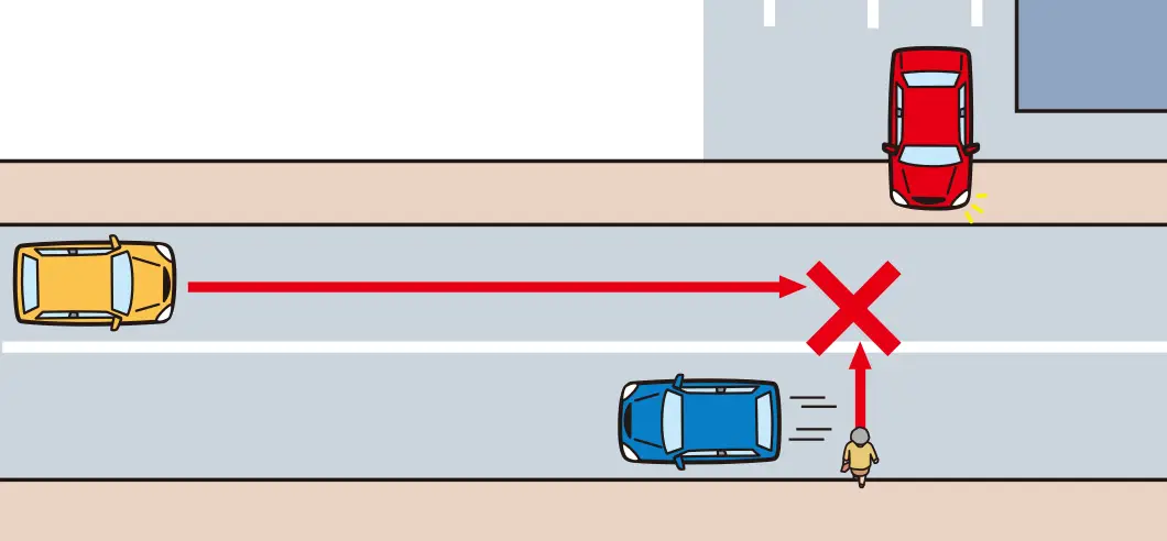 近くに横断歩道がないため、店に向かって走行車両の直後を道横断しようとしていて、正面のクルマは駐車場から道路に出るため一時停止している時の危険予測の【イラスト問題】説明イラスト