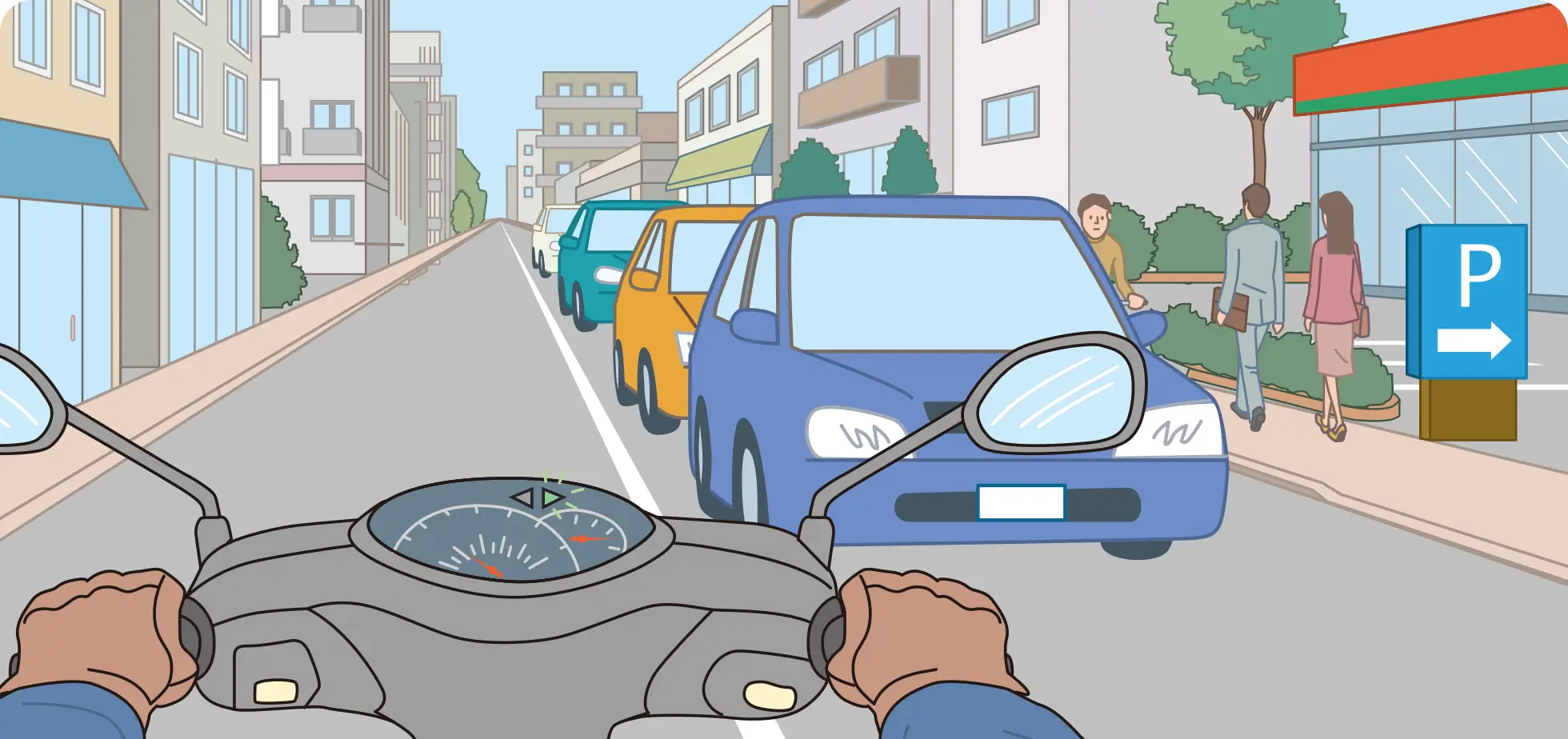 対向車線は渋滞中で、正面のクルマは停止しているなか、道路右側の店舗に入るため右折しようとしている時のバイク視点の【イラスト問題】イラスト