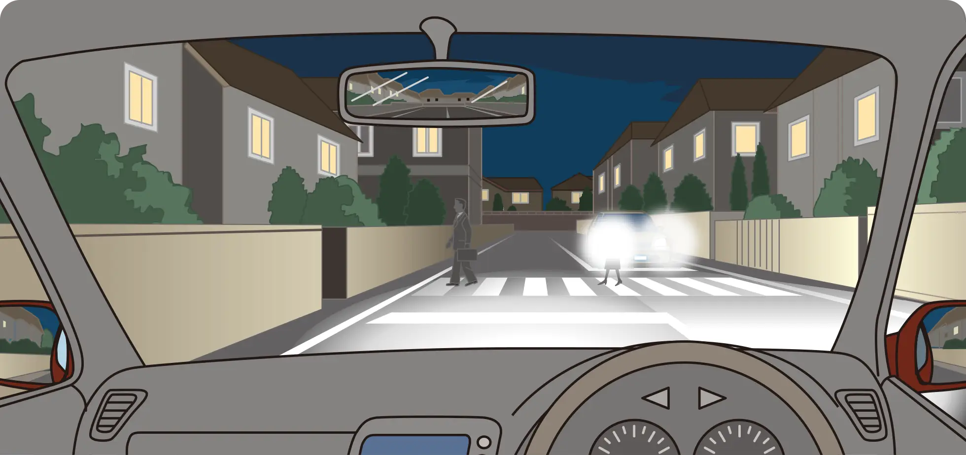 夜間の住宅街で対向車が近づいている横断歩道に向かっている時のクルマ視点の【イラスト問題】イラスト