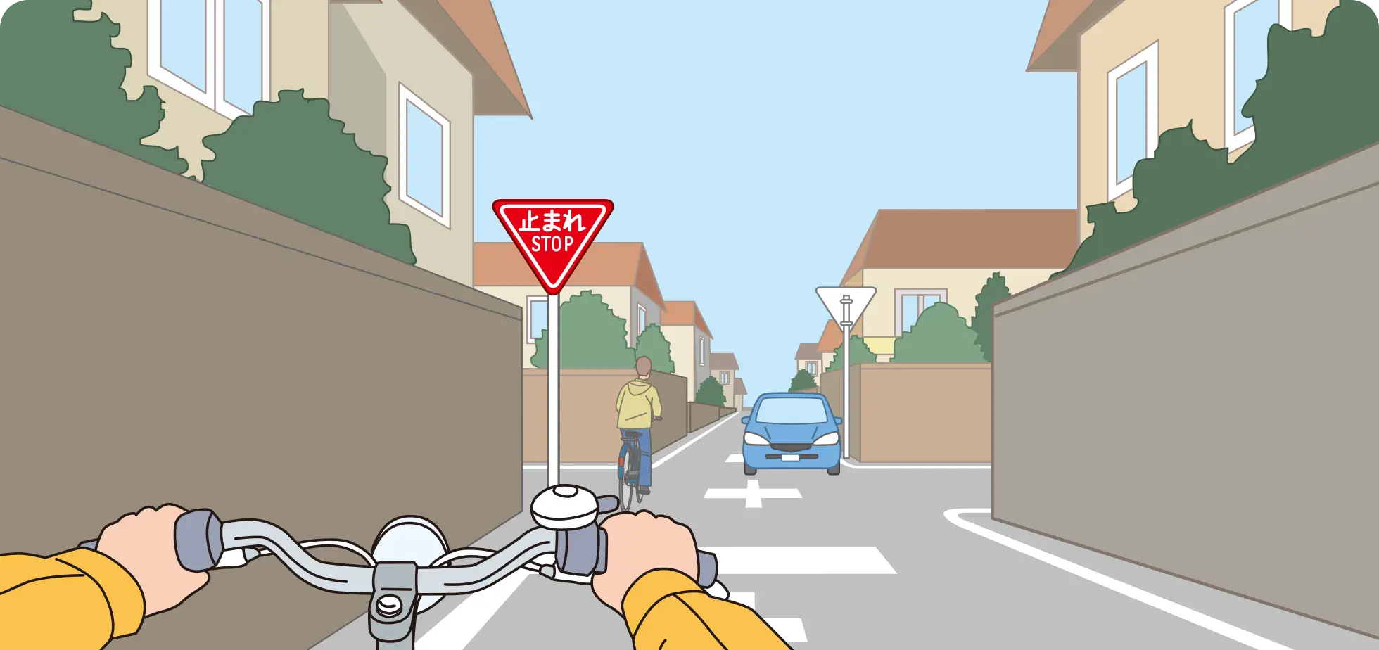 生活道路で止まれの標識のある見通しの悪い交差点に差し掛かり、先に進入した友人の自転車に続く時の自転車視点の【イラスト問題】イラスト