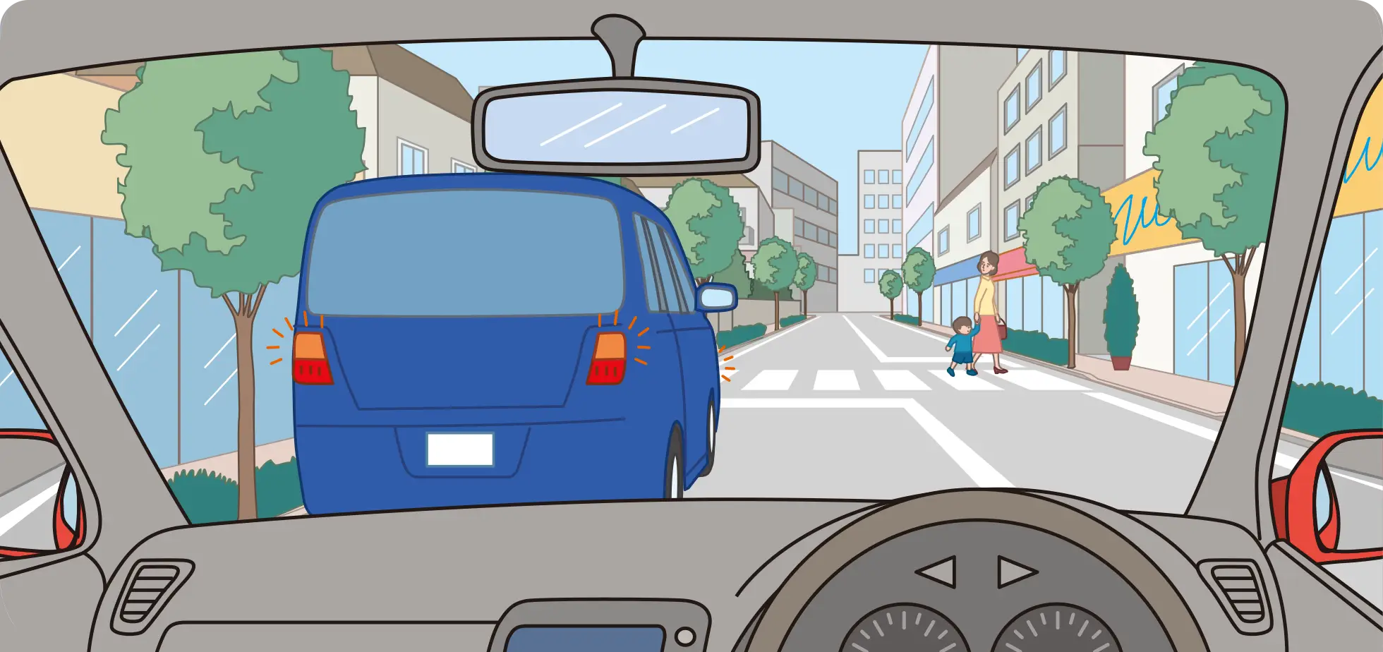 親子連れが渡り終えようとしている断歩道を通過する時のクルマ視点の【イラスト問題】イラスト