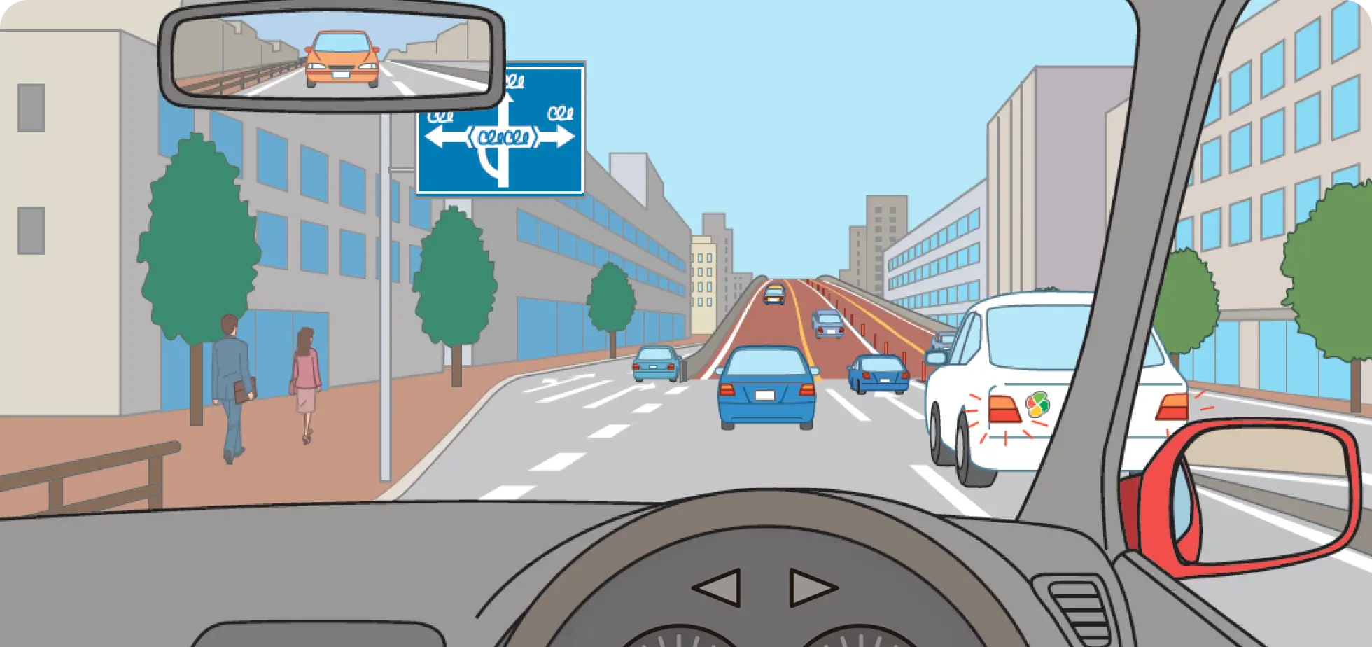 クルマの多い片側2車線の幹線道路の立体交差を通過する時のクルマ視点の【イラスト問題】イラスト