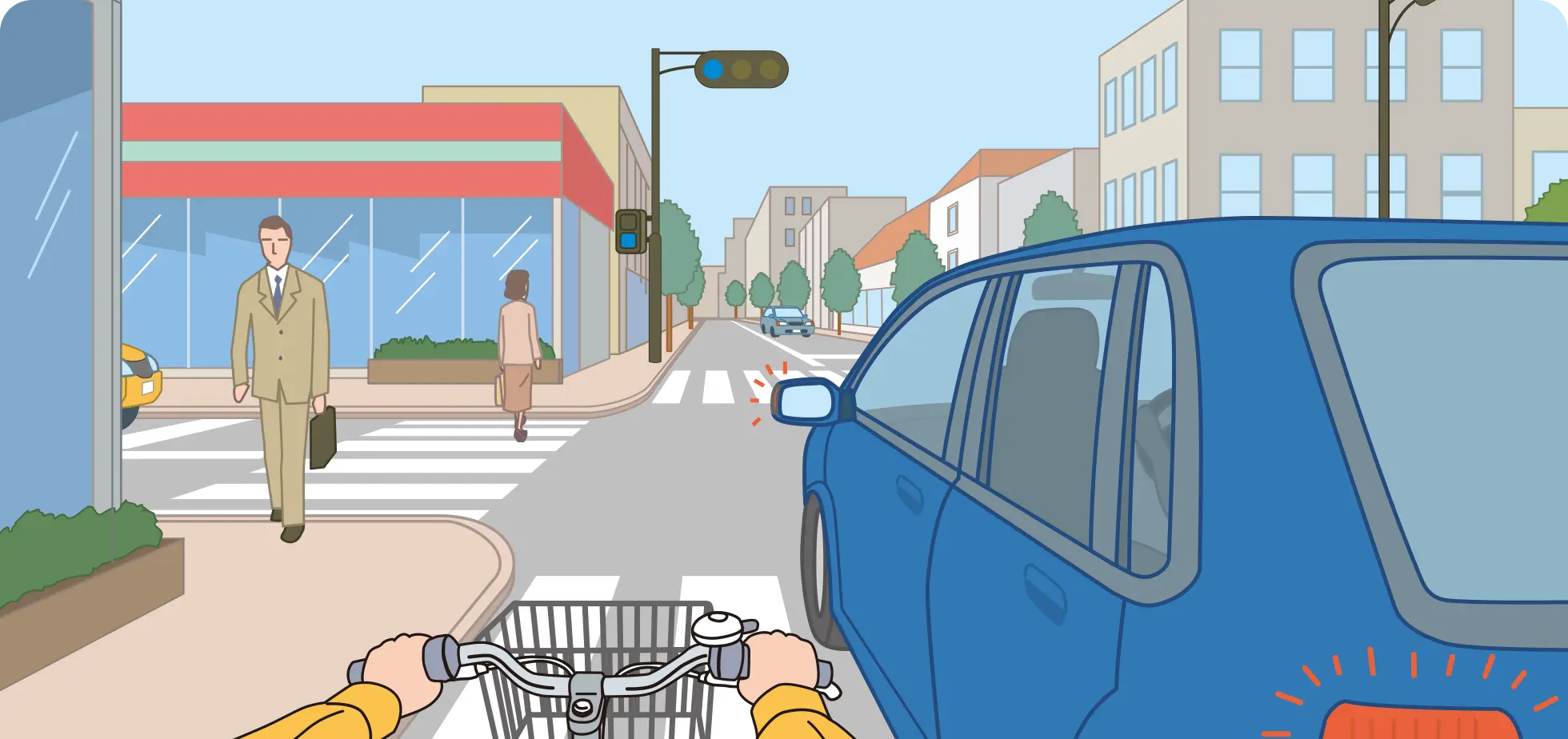 車道を走行中、前方に左折の合図をするクルマがいる交差点を直進しようとする時の自転車視点の【イラスト問題】イラスト