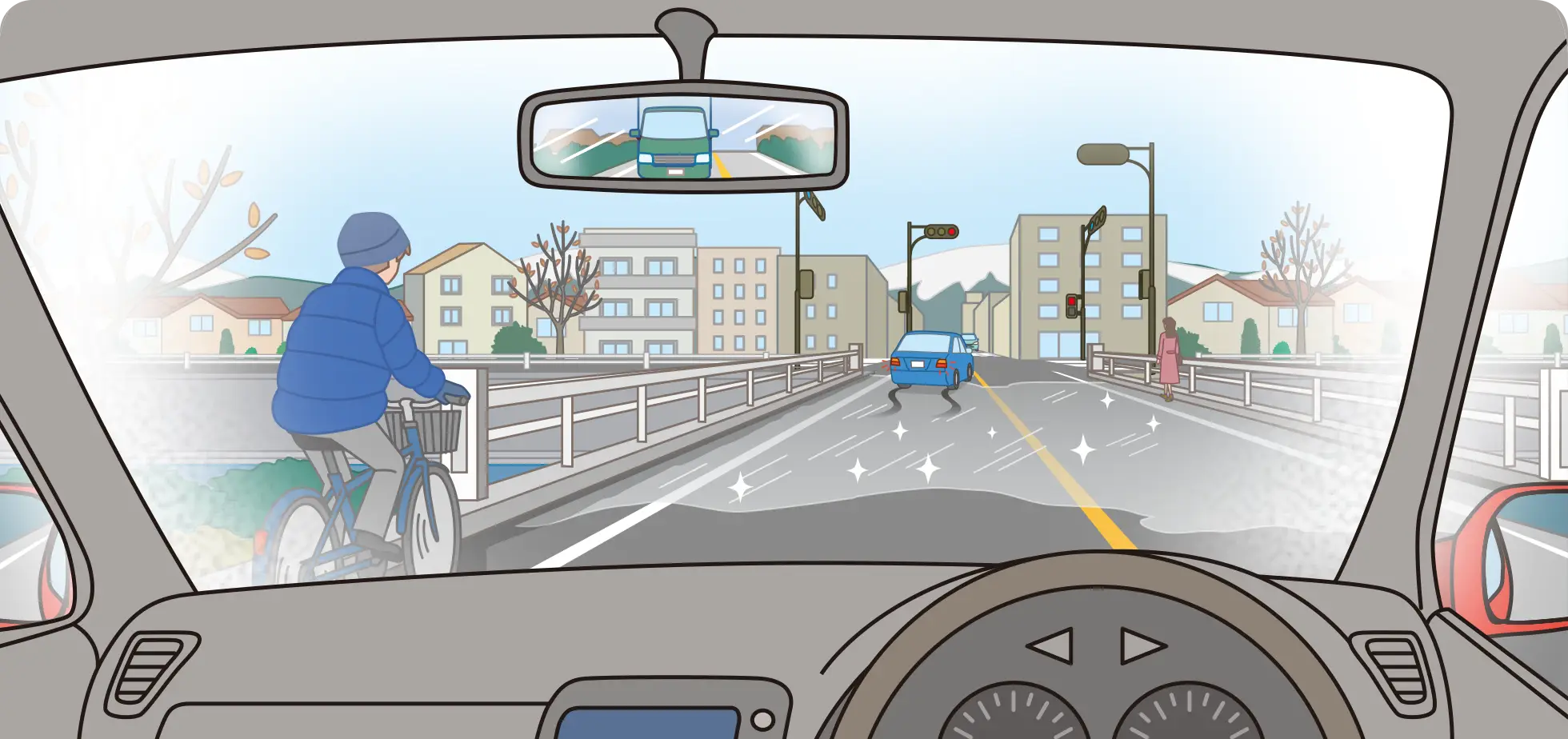 冬の早朝に橋の上を通り赤信号で停車する時のクルマ視点の【イラスト問題】イラスト