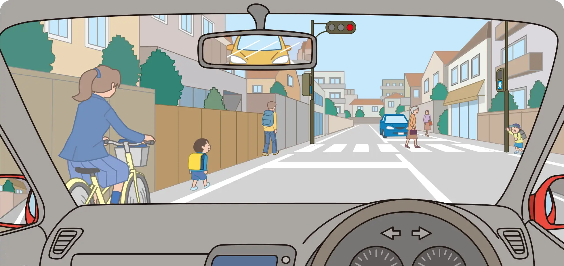 信号機のある横断歩道に近づき,赤信号で停止しようとしている時のクルマ視点の【イラスト問題】イラスト