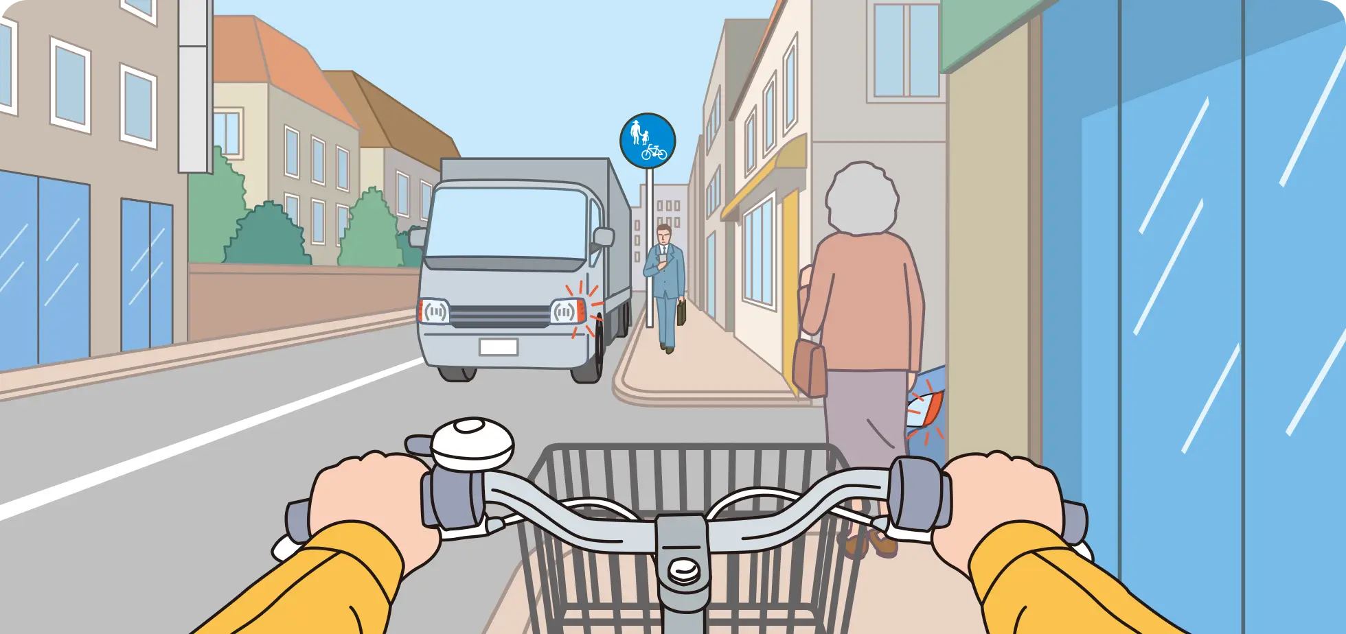 自転車通行可の歩道を走行中、前方に左折しようとするトラックが停止している時の自転車視点の【イラスト問題】イラスト