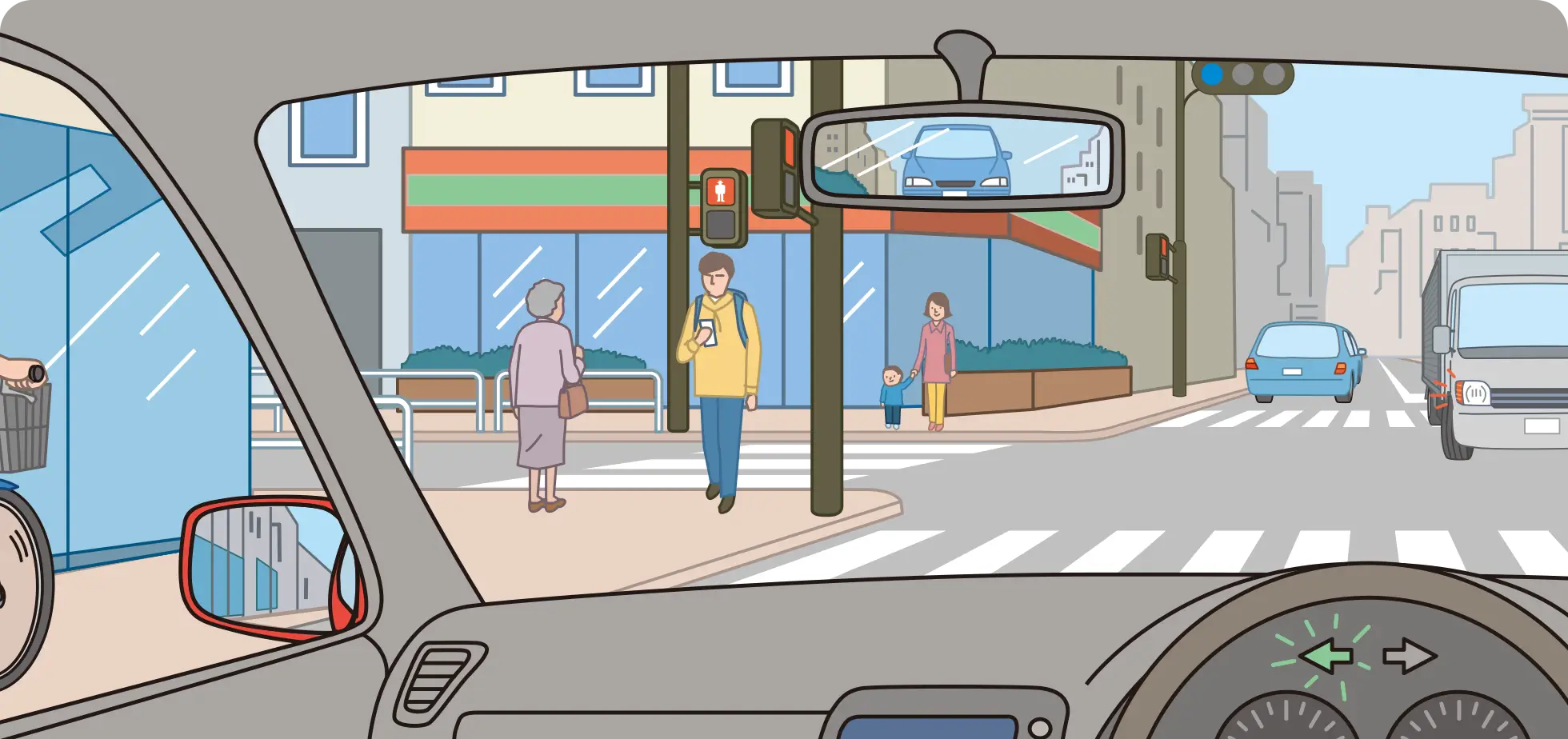 歩行者用信号機が赤になった交差点を左折する時のクルマ視点の【イラスト問題】イラスト