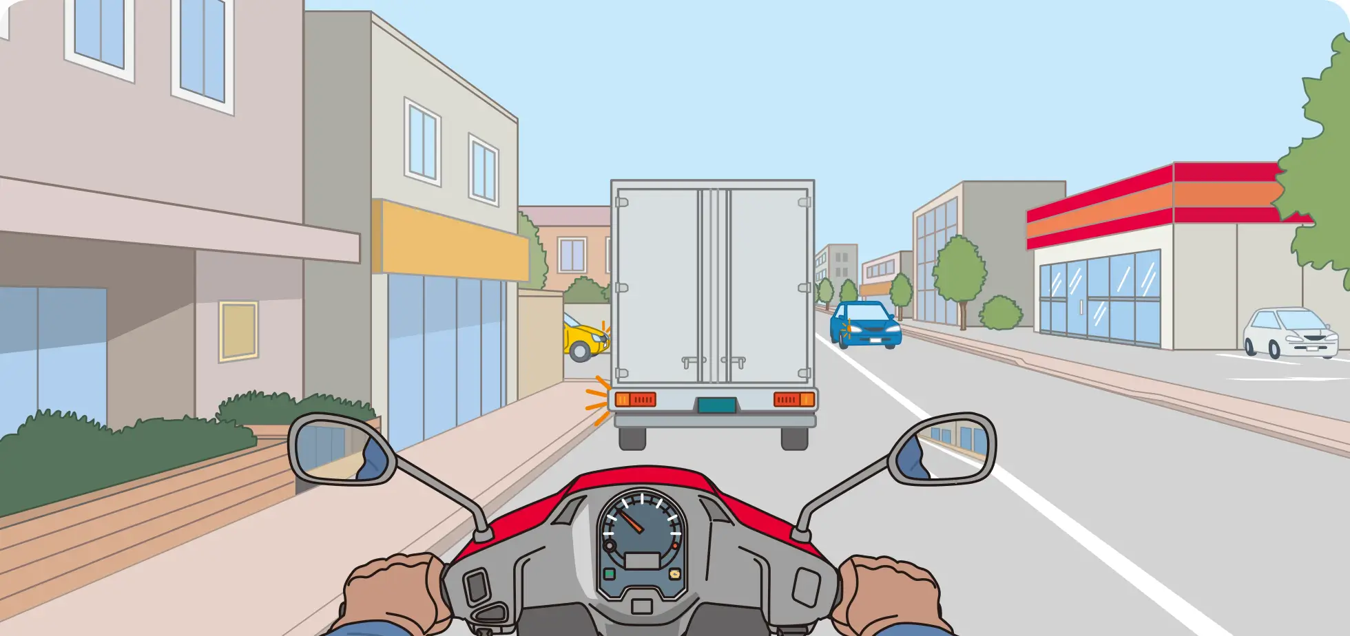 一般道の信号のない交差点を通過する際、前方のトラックが左折の合図を出したため右側から追い越そうとする時のバイク視点の【イラスト問題】イラスト
