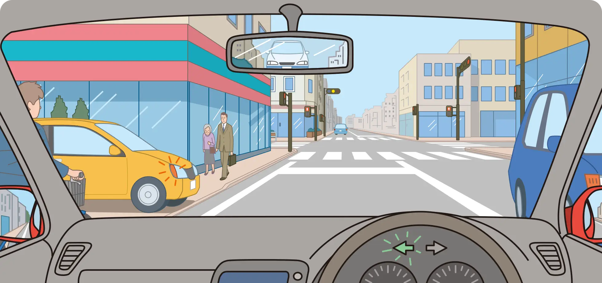 交差点で左折しようとしてウインカーを出している時のクルマ視点の【イラスト問題】イラスト