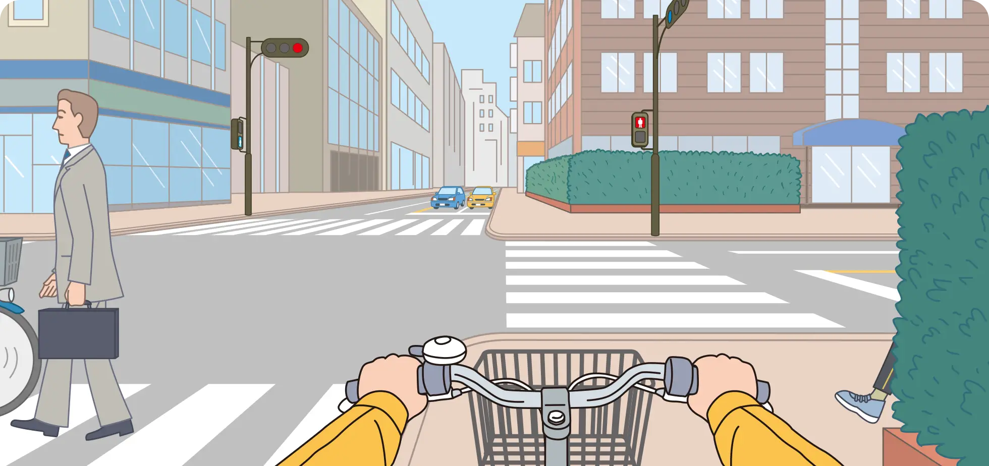 自転車通行可の歩道を走行中、信号機のある交差点にさしかかった時の自転車視点の【イラスト問題】イラスト