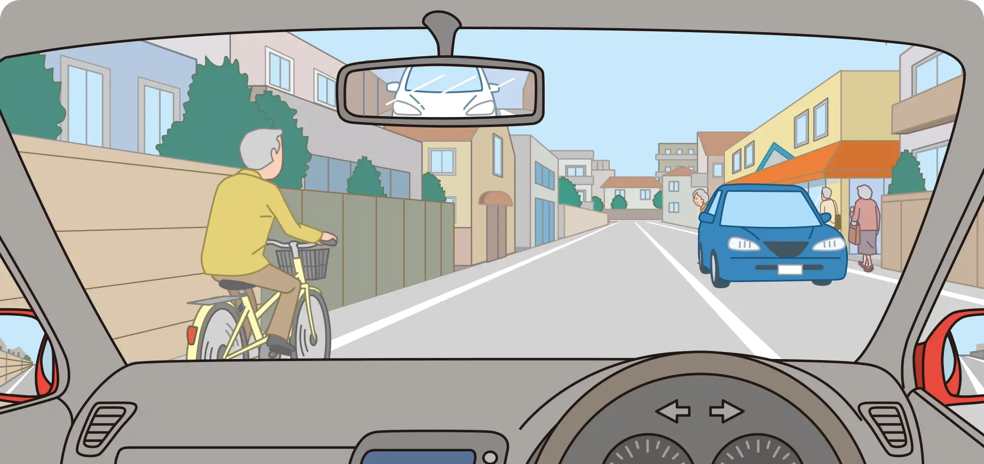 生活道路で自転車を追い越そうとしている時のクルマ視点の【イラスト問題】イラスト