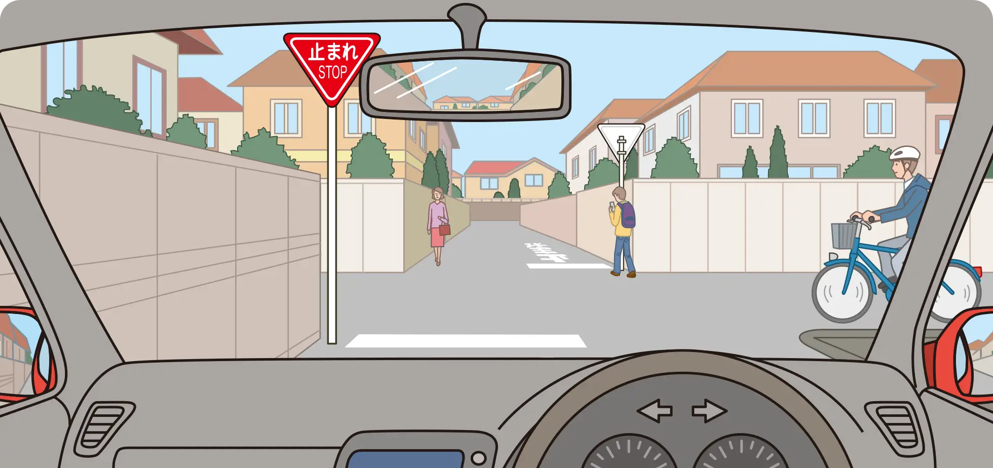 生活道路を走行中、止まれの標識のある交差点で一時停止したあと、右側の自転車が通過したら、左右の確認ができる位置まで前進しようとする時のクルマ視点の【イラスト問題】イラスト