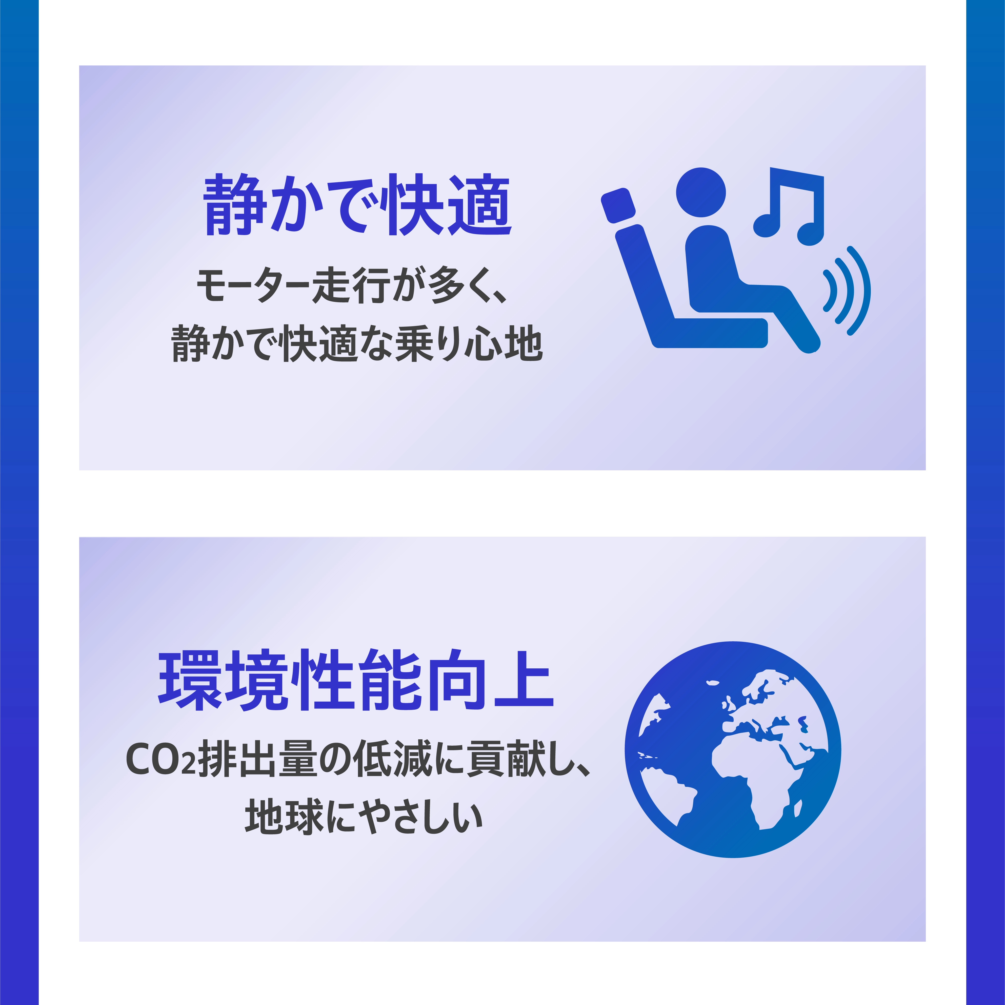 静かで快適：モーター走行が多く、静かで快適な乗り心地。環境性能向上：CO2排出量の低減に貢献し、地球にやさしい。
