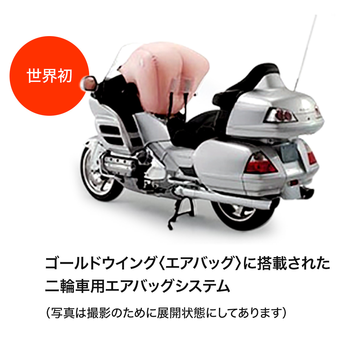 世界初 ゴールドウイング＜エアバッグ＞に搭載された二輪車用エアバッグシステム（写真は撮影のため展開状態にしてあります。）