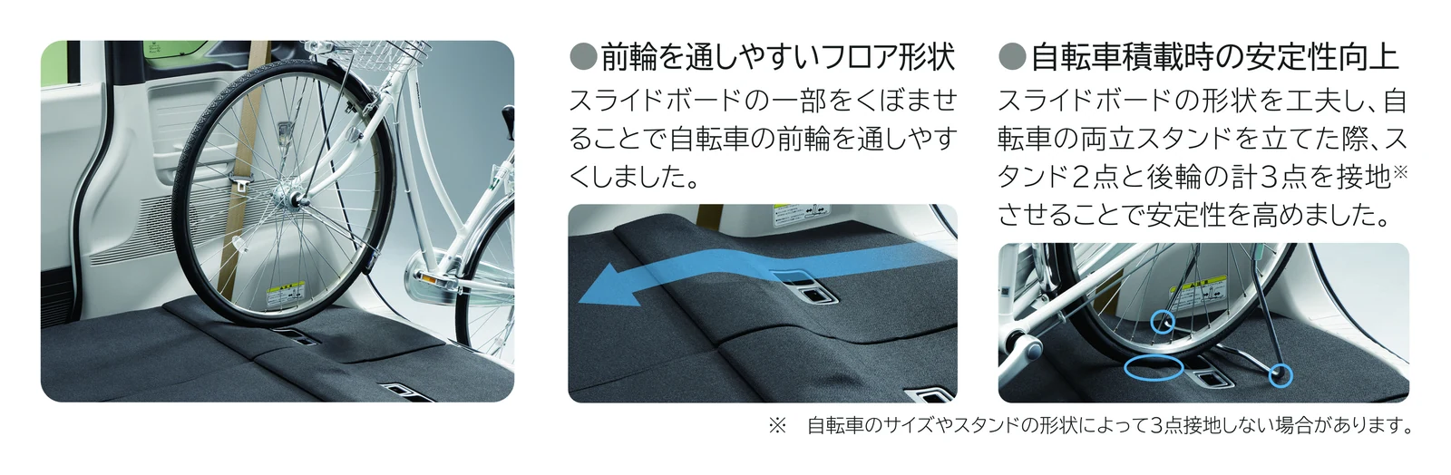 前輪を通しやすいフロア形状／自転車積載時の安定性向上