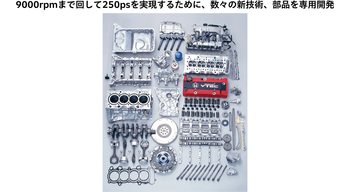 9000rpmまで回して250psを実現するために、数々の新技術、部品を専用開発