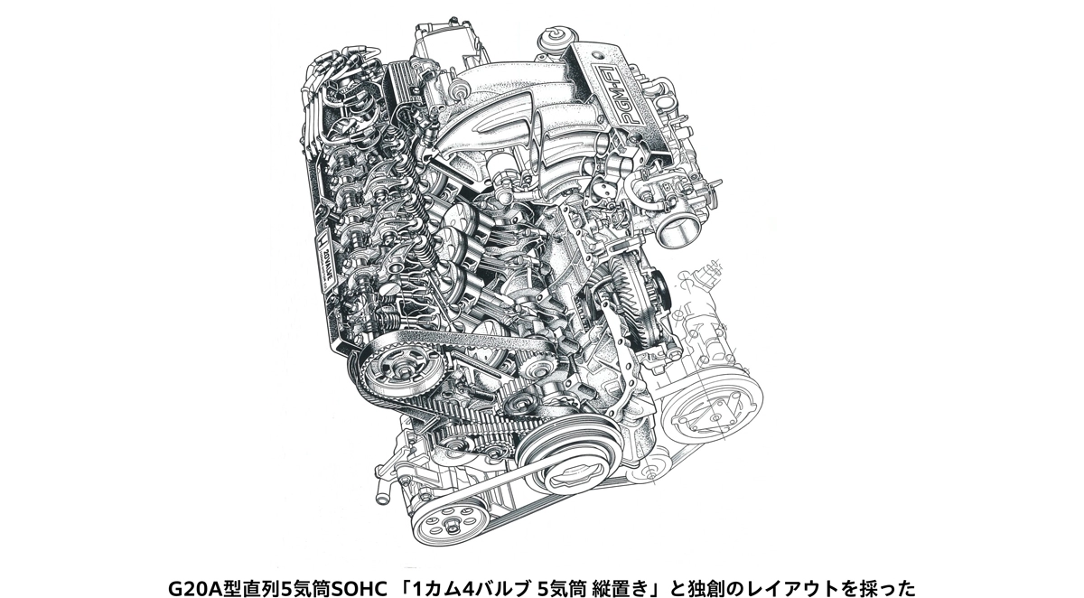 G20A型直列5気筒SOHC 「1カム4バルブ 5気筒縦置き」と独創のレイアウトを採った