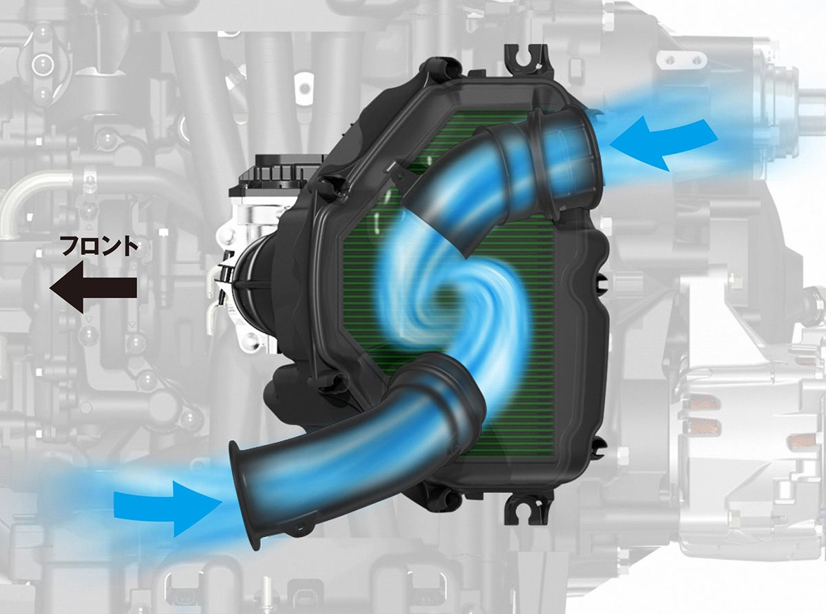 エアクリーナーボックス内部で渦巻き状の流れが発生