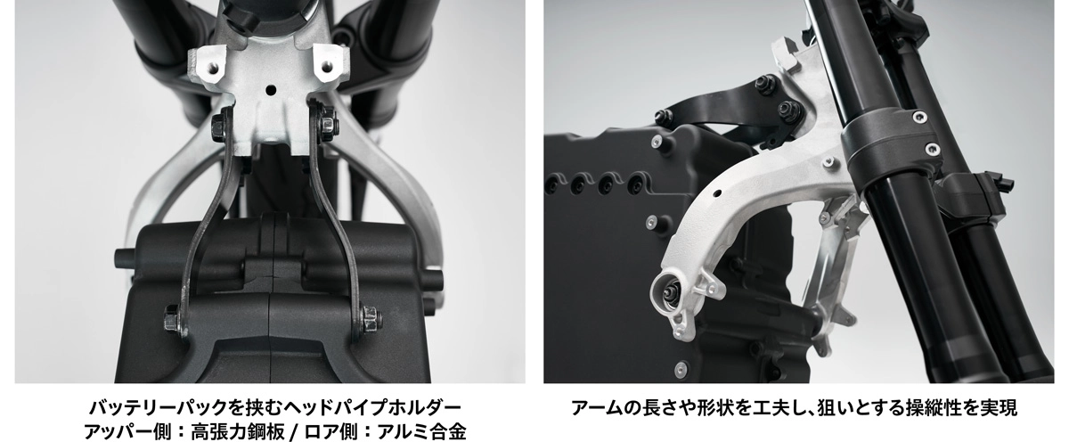 バッテリーパックを挟むヘッドパイプホルダー アッパー側：高張力鋼板 / ロア側：アルミ合金 アームの長さや形状を工夫し、狙いとする操縦性を実現