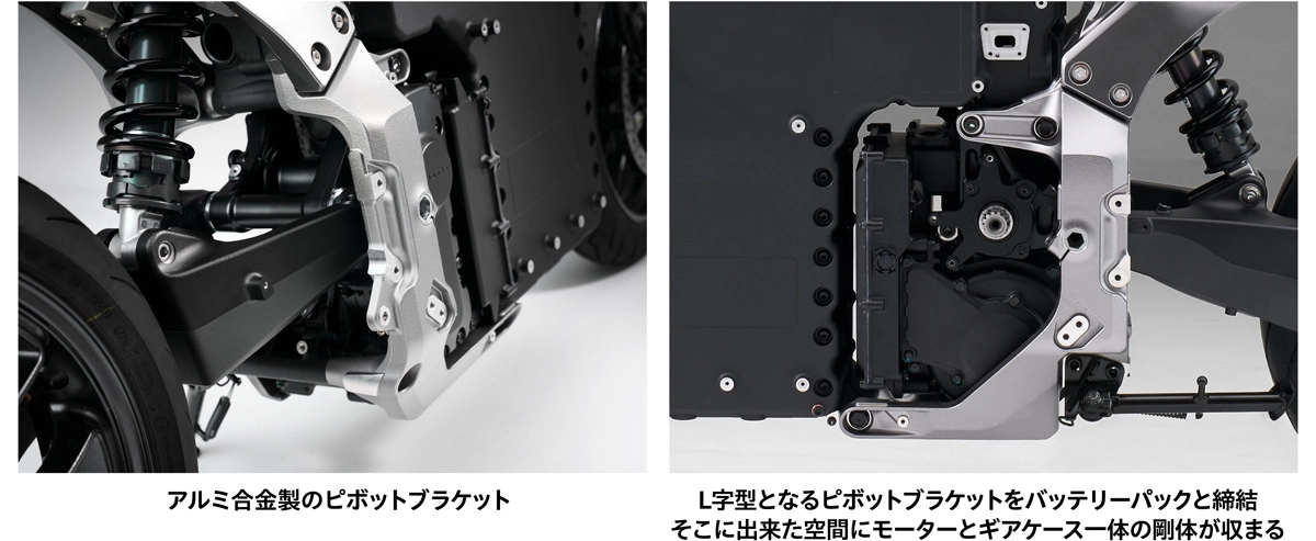 アルミ合金製のピボットブラケット Ｌ字型となるピボットブラケットをバッテリーパックと締結 そこにできた空間にモーターとギヤケース一体の剛体を収めている