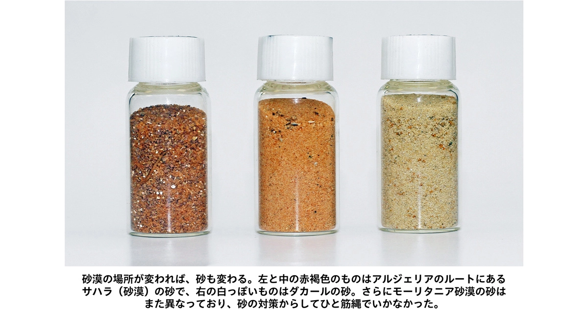 砂漠の場所が変われば、砂も変わる。左と中の赤褐色のものはアルジェリアのルートにあるサハラ（砂漠）の砂で、右の白っぽいものはダカールの砂。さらにモーリタニア砂漠の砂はまた異なっており、砂の対策からしてひと筋縄でいかなかった。