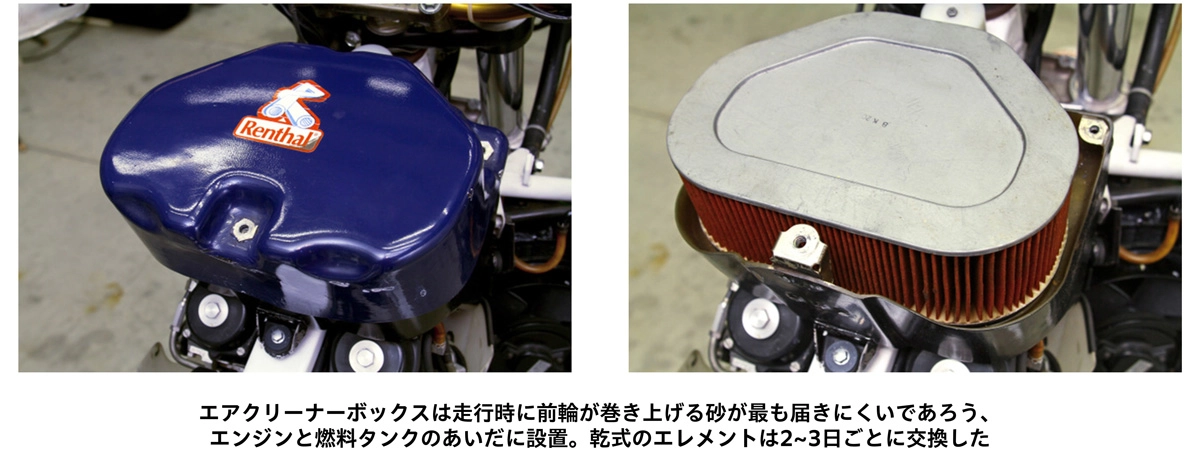 エアクリーナーボックスは走行時に前輪が巻き上げる砂が最も届きにくいであろう、エンジンと燃料タンクのあいだに設置。乾式のエレメントは2〜3日ごとに交換した