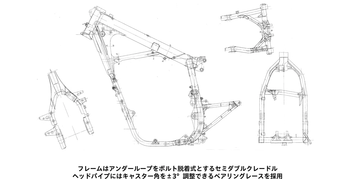 フレームはアンダーループをボルト脱着式とするセミダブルクレードル ヘッドパイプにはキャスター角を±3°調整できるベアリングレースを採用