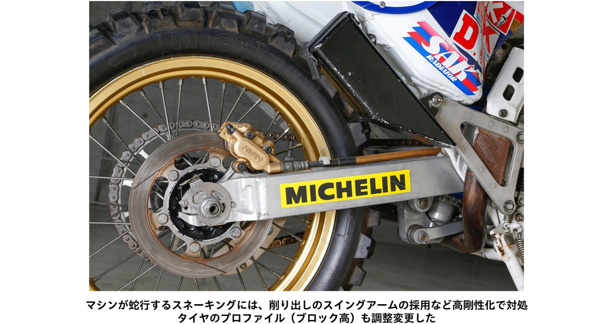 マシンが蛇行するスネーキングには、削り出しのスイングアームの採用など高剛性化で対処 タイヤのプロファイル（ブロック高）も調整変更した