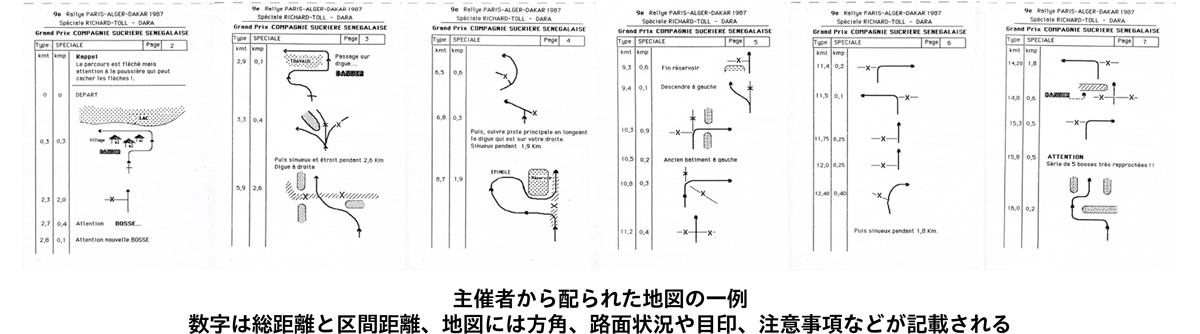 主催者から配られた地図の一例 数字は総距離と区間距離、地図には方角、路面状況や目印、注意事項などが記載される