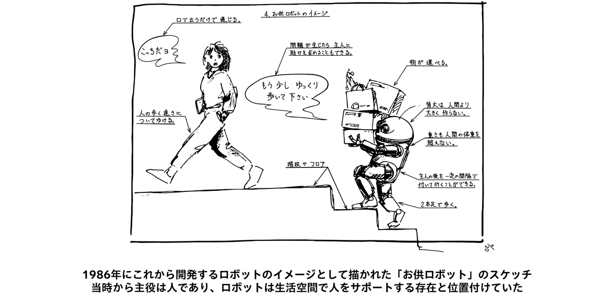 1986年にこれから開発するロボットのイメージとして描かれた「お供ロボット」のスケッチ 当時から主役は人であり、ロボットは生活空間で人をサポートする存在と位置付けていた