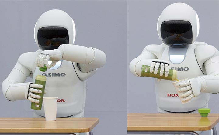ASIMO opens water bottle lid and pours tea.